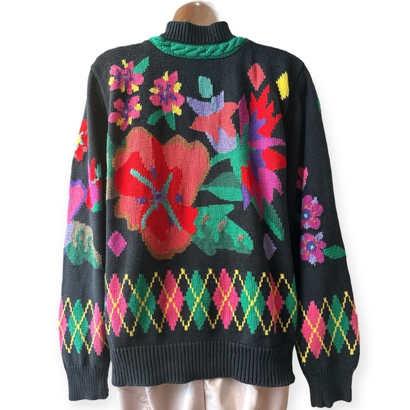 Vintage Jack B. Quick Floral Mock Neck Cotton Sweater, Size M, Black Multi - Picture 4 of 13